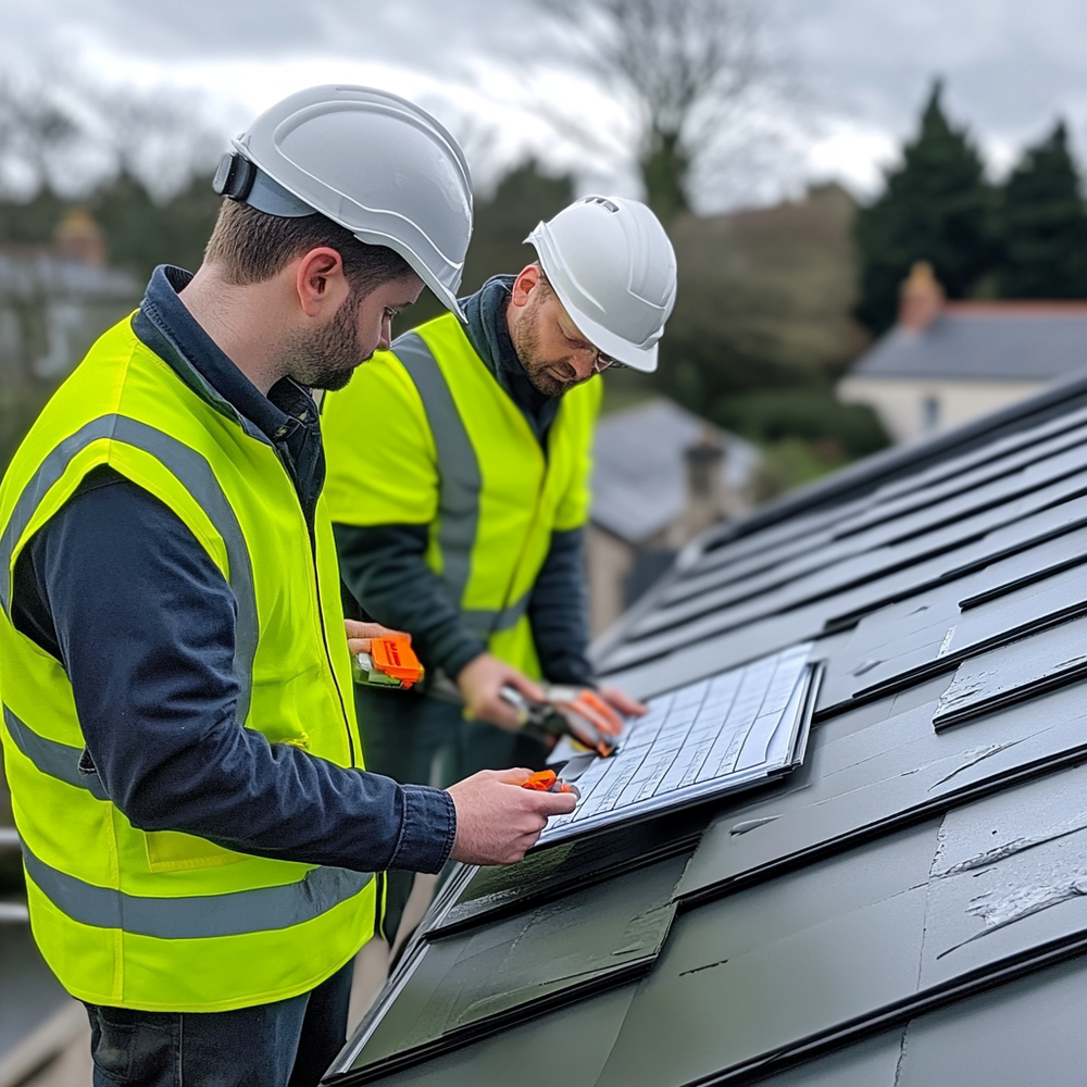 Illustration of two professionals inspecting a roof